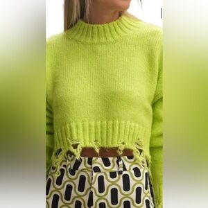 Zara distress led crop lime green sweater - medium